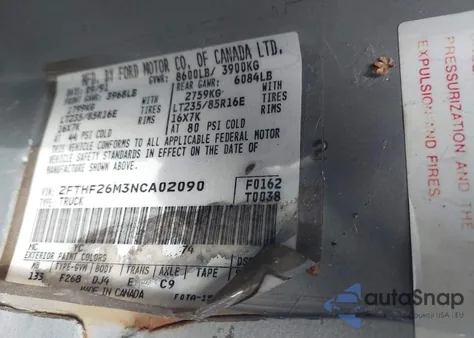 1992 Ford F250 из США, поврежденный, VIN 2FTHF26M3NCA02090